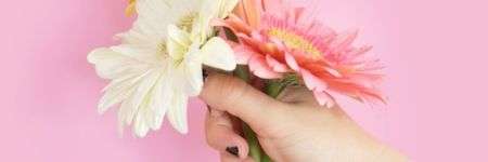 Rankoje gėlių puokštė su geltonomis ir rožinėmis gėlėmis prieš rožinį foną.