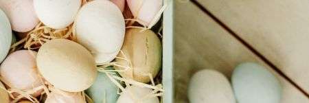 Pasteliniai kiaušiniai baltame dėžutėje su šiaudais ant medinės lentos.